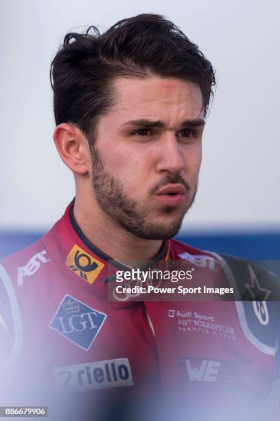 Audi Sport ABT Schaeffler's driver Daniel Abt of Germany reacts before the award ceremony after winning the FIA Formula E Hong Kong E-Prix Round 2 at...