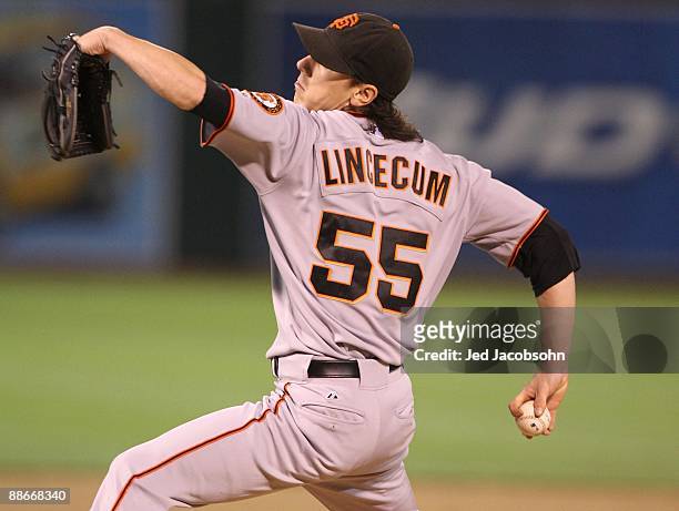 Tim Lincecum of the San Francisco Giants pitches against the Oakland Athletics during a Major League Baseball game on June 23, 2009 at the Oakland...