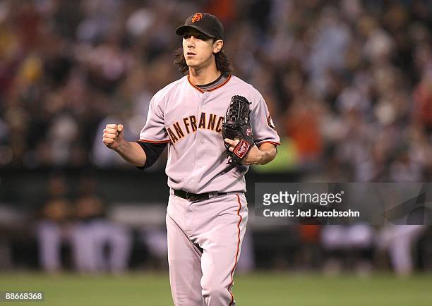Tim Lincecum of the San Francisco Giants pumps his fist against the Oakland Athletics during a Major League Baseball game on June 23, 2009 at the...
