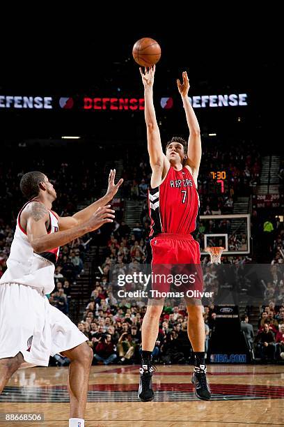 Andrea Bargnani of the Toronto Raptors shoots a jumper against LaMarcus Aldridge of the Portland Trail Blazers during the game on December 27, 2008...