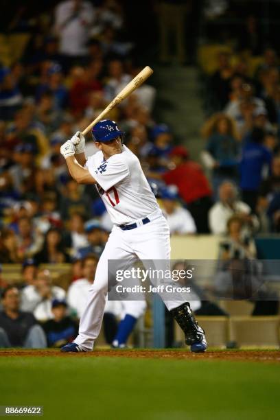 Mitch Jones of the Los Angeles Dodgers bats against the Oakland Athletics at Dodger Stadium on June 16, 2009 in Los Angeles, California. The Dodgers...