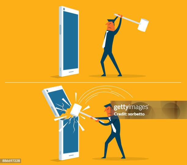 broken smart phone - businessman - smartphone addiction stock illustrations