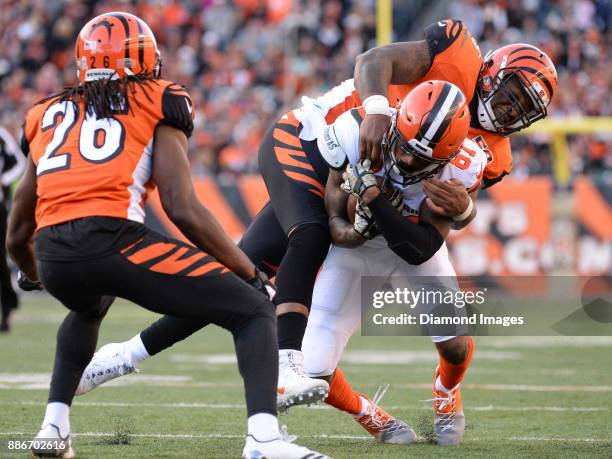 Wide receiver Rashard Higgins of the Cleveland Browns is tackled by linebacker Vontaze Burfict of the Cincinnati Bengals in the fourth quarter of a...