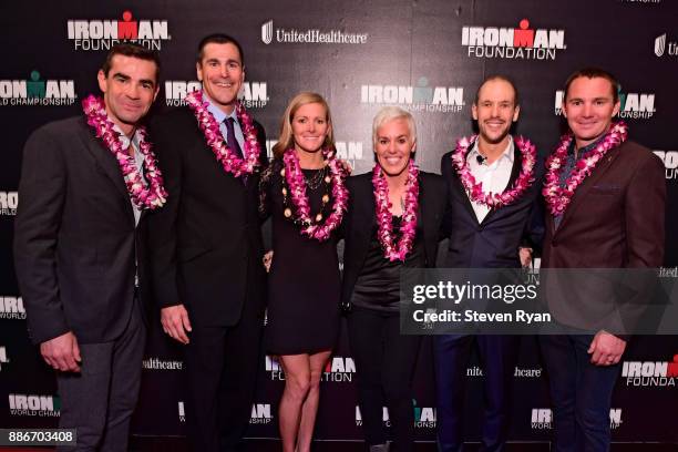 Triathletes Timothy O'Donnell, Andy Potts, Liz Lyles, Heather Jackson, Patrick Lange and Ben Hoffman pose for a photo during the IRONMAN World...