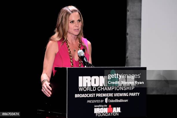 Television correspondent Shannon Spake speaks during the IRONMAN World Championship Broadcast Premiere at New World Stages on December 5, 2017 in New...