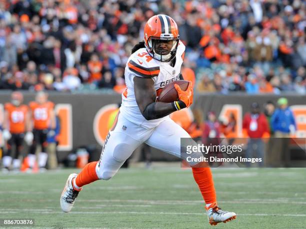 Running back Isaiah Crowell of the Cleveland Browns carries the ball in the fourth quarter of a game on November 26, 2017 against the Cincinnati...