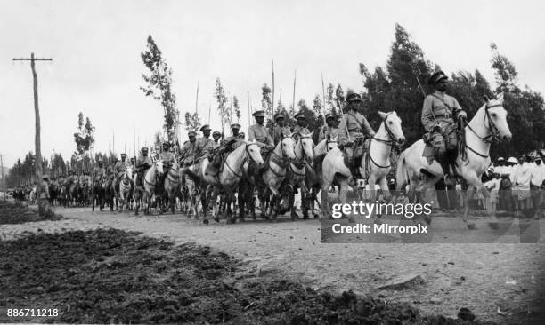 Abyssinian War September 1935. Cavalry of the Abyssinian army seen passing through the streets of Addis Ababa during the Meskel Feast. Making their...