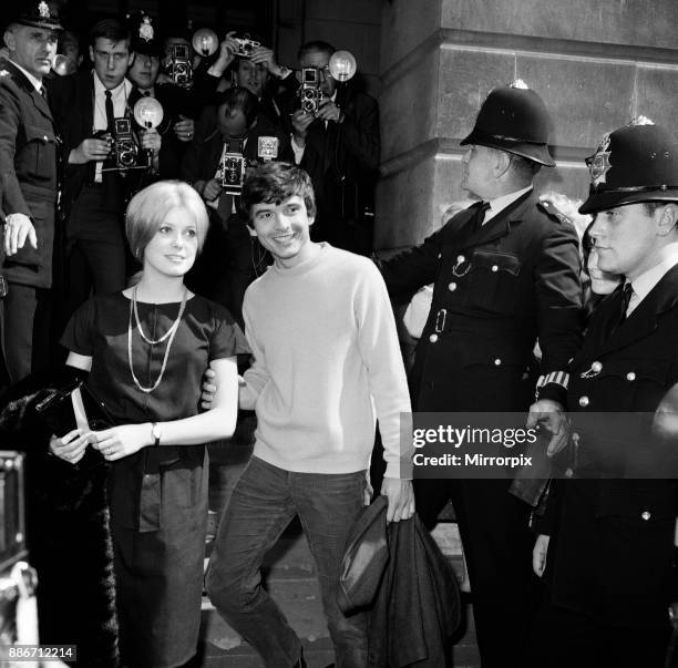 Photographer David Bailey, 27 years old, marries French actress Catherine Deneuve, aged 21 years, at St Pancras Registry Office, 18th August 1965.