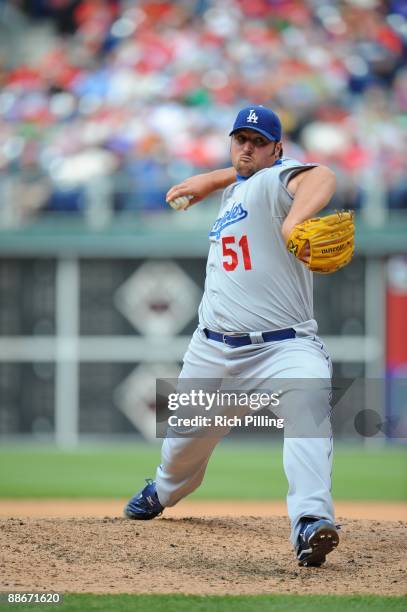 Jonathan Broxton of the Los Angeles Dodgers pitches in the game against the Philadelphia Phillies at Citizens Bank Park in Philadelphia, Pennsylvania...
