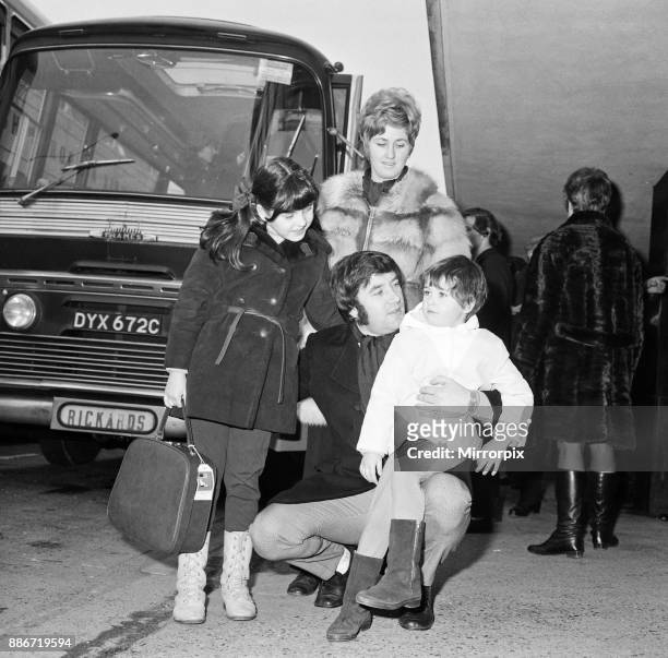 Jimmy Tarbuck sees off his wife Pauline and daughters Liza and Cheryl who were leaving Heathrow for a holiday in Austria, 21st February 1969.