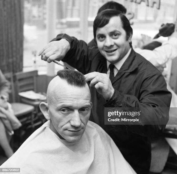 Man having a Mohican haircut in Middlesbrough. Circa 1971.