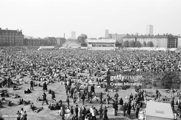 Huge crowd enjoys The Oval Pop Festival, Oval Cricket Ground, South London, in the late summer of 1972 On the day, Rod Stewart won Best Male Vocalist...