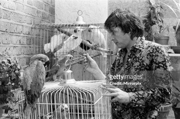 Fashion photographer David Bailey pictured at home with some of his 40 parrots, some of which are very rare and even extinct in their native country,...