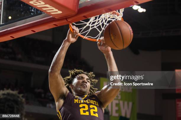 Minnesota center Reggie Lynch makes a dunk against Nebraska during the second half Tuesday, December 5th at Pinnacle Bank Arena in Lincoln, Nebraska....