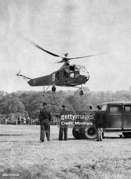 Hoverfly is the appropriate name given by the RAF to the Sikorsky R-4 helicopter, seen here being demonstrated to the general public, 16th October...