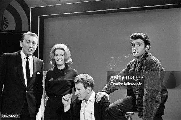 Rehearsals began at the BBC Centre for 'That Was The Week That Was'. Pictured, David Frost, Millicent Martin, Lance Percival and Al Mancini, 22nd...