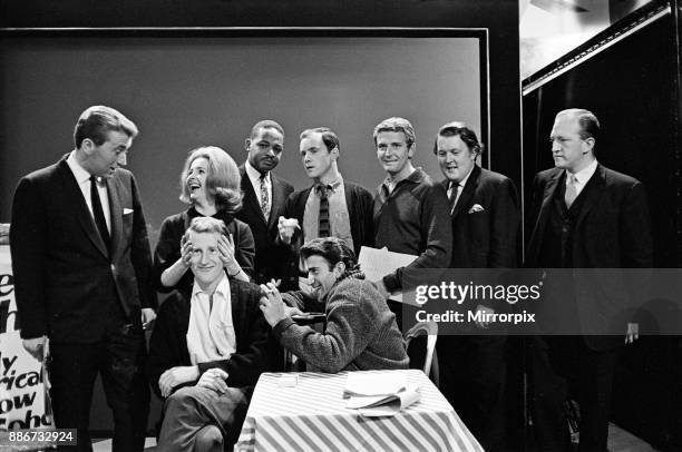 Rehearsals began at the BBC Centre for 'That Was The Week That Was'. The new team, standing, David Frost, Millicent Martin, Irvine C.Watson, Kenneth...