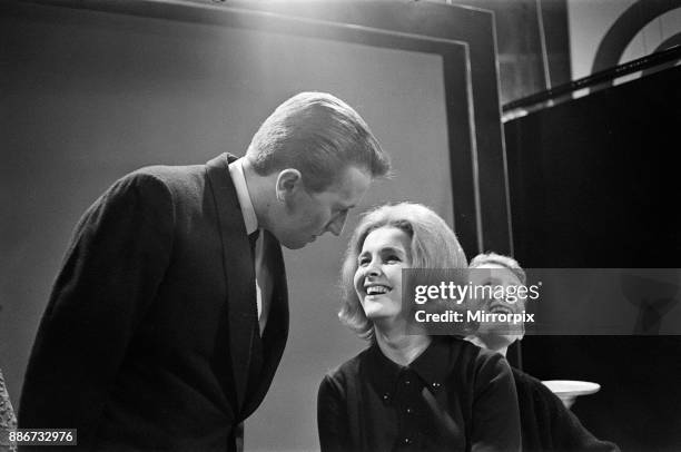 Rehearsals began at the BBC Centre for 'That Was The Week That Was'. Pictured, David Frost, Millicent Martin and Lance Percival, 22nd September 1963.
