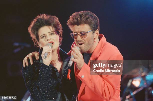 George Michael and Lisa Stansfield perform These Are The Days of Our Lives at The Freddie Mercury Tribute concert at Wembley Stadium in 1992. Picture...