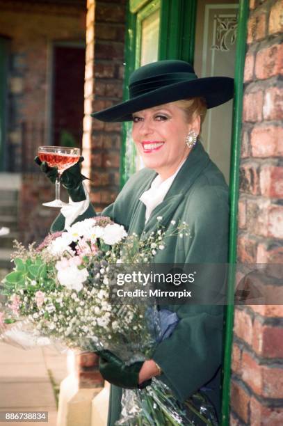 Julie Goodyear is pictured outside The Rovers Return on the set of 'Coronation Street' 24th January 1992.