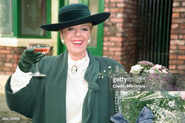 Julie Goodyear is pictured outside The Rovers Return on the set of 'Coronation Street' 24th January 1992.