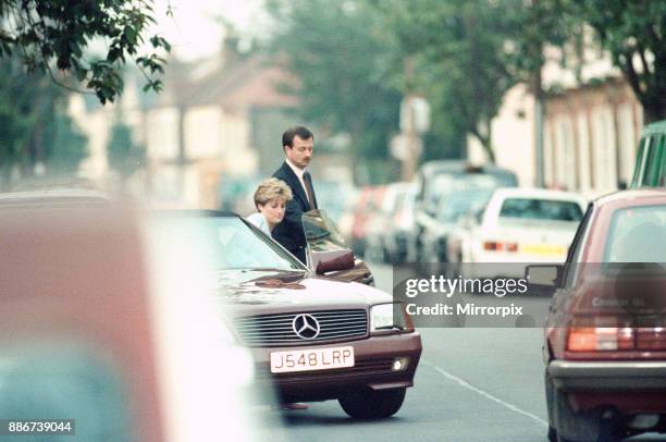 Princess Diana returns to car after visiting friend Carolyn Bartholmew, former flatmate, in London, Wednesday 10th June 1992. Carolyn Bartholmew...