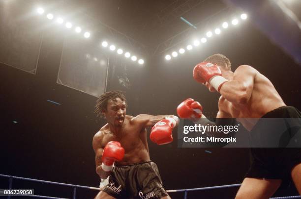 Super-middleweight title, Nigel Benn vs Vincenzo Nardiello. London Arena, England. Benn won by TKO in the 8th round to retain his WBC...