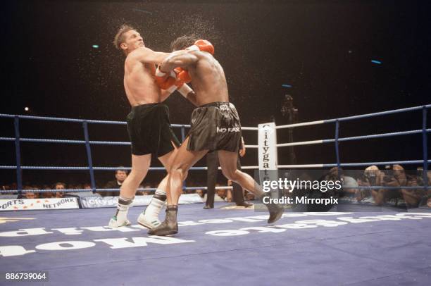 Super-middleweight title, Nigel Benn vs Vincenzo Nardiello. London Arena, England. Benn won by TKO in the 8th round to retain his WBC...