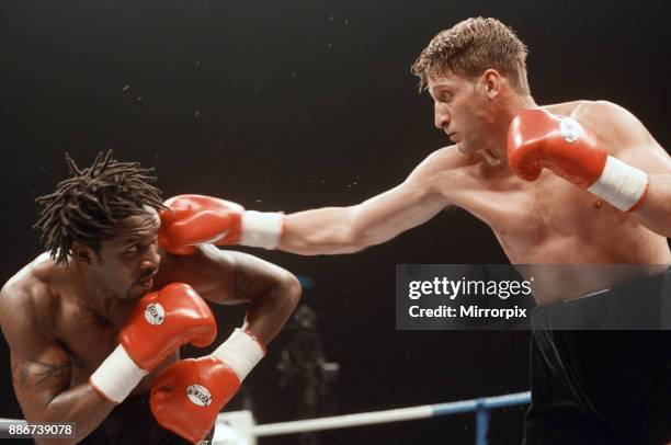 Super-middleweight title, Nigel Benn vs Vincenzo Nardiello. London Arena, England. Benn won by TKO in the 8th round to retain his WBC...