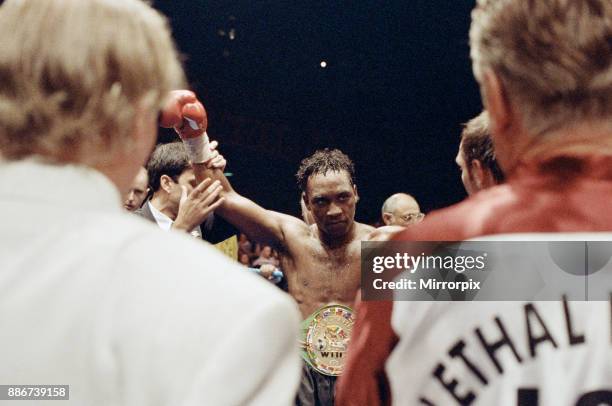 Super-middleweight title, Nigel Benn vs Lou Gent. Earls Court Exhibition Centre, London, England. Benn stopped his opponent in the 4th round by TKO...