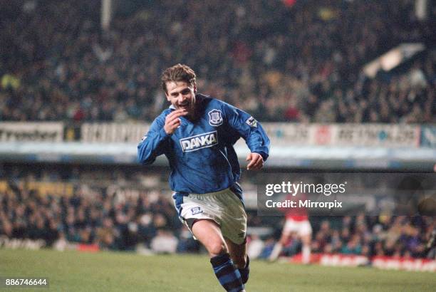 English Premier League match at Goodison Park. Everton 4 v Middlesbrough 0. Andrei Kanchelskis of Everton celebrates his goal, 26th December 1995 .