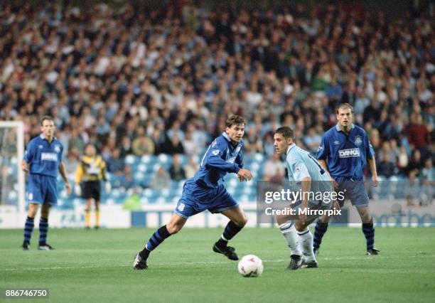 English Premier League match at Maine Road. Manchester City 0 v Everton 2. Andrei Kanchelskis of Everton on the ball, 30th August 1995.