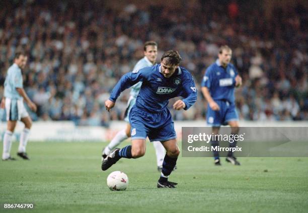 English Premier League match at Maine Road. Manchester City 0 v Everton 2. Andrei Kanchelskis of Everton on the ball, 30th August 1995.