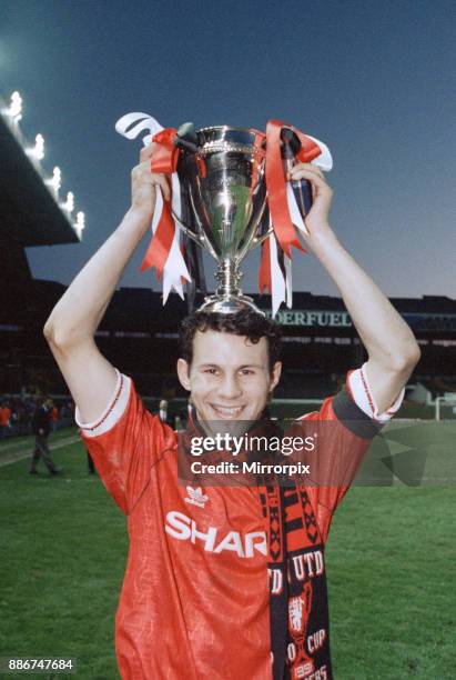 Youth Cup Final Second Leg match at Old Trafford. Manchester United 3 v Crystal Palace 2 . Ryan Giggs celebrates with the trophy after the match,...