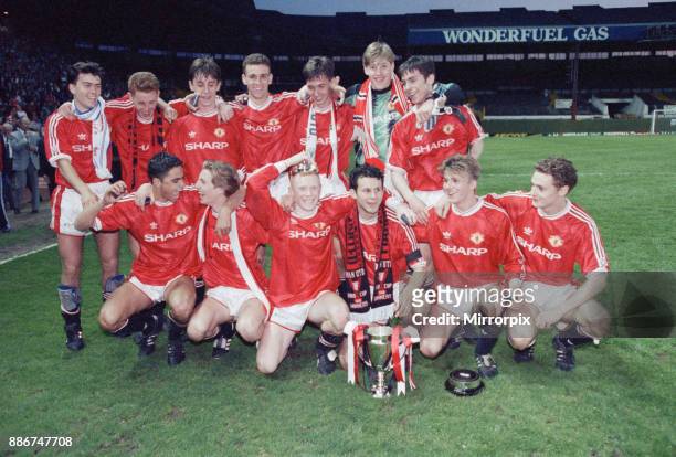Youth Cup Final Second Leg match at Old Trafford. Manchester United 3 v Crystal Palace 2 . The United team celebrate with the trophy after the match....