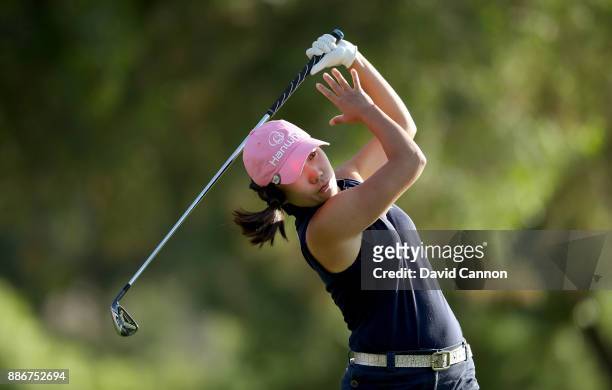 In-Kyung Kim of South Korea plays her tee shot on the par 3, 15th hole during the first round of the 2017 Dubai Ladies Classic on the Majlis Course...