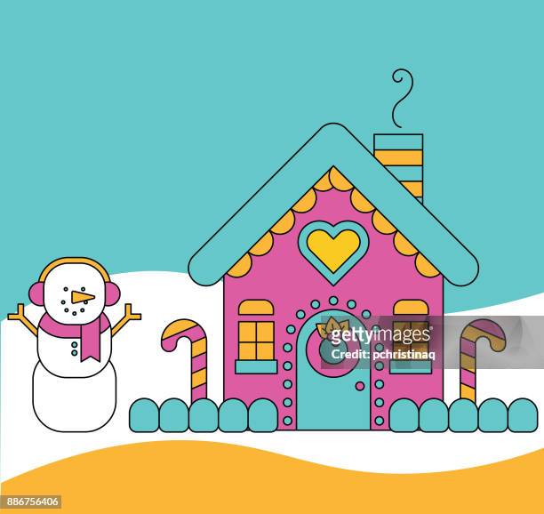 snowman with decorated gingerbread house in a snowy field - gingerbread house cartoon stock illustrations