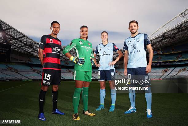 Kearyn Baccus and Jada Mathyssen-Whyman of the Wanderers and Amy Harrison and Milos Ninkovic of Sydney FC pose during a joint Sydney FC and Western...