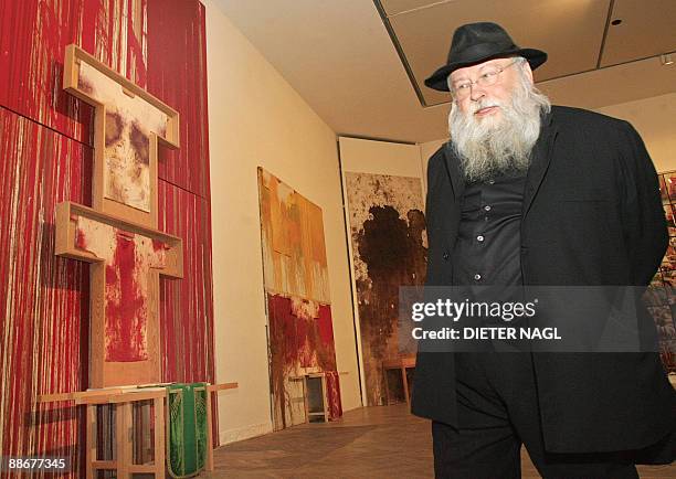 Austrian leading visual artist Hermann Nitsch is pictured prior to the opening of an exhibition named "Vorbilder, Zeitgenossen, Lehre" at the...