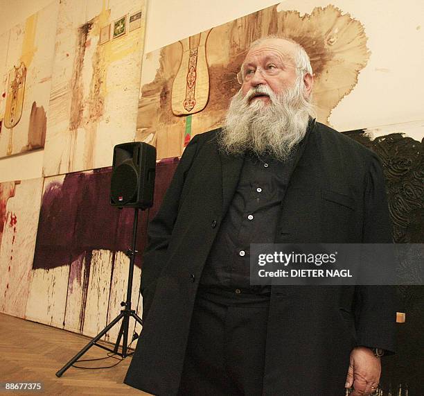 Austrian leading visual artist Hermann Nitsch is pictured prior to the opening of an exhibition named "Vorbilder, Zeitgenossen, Lehre" at the...