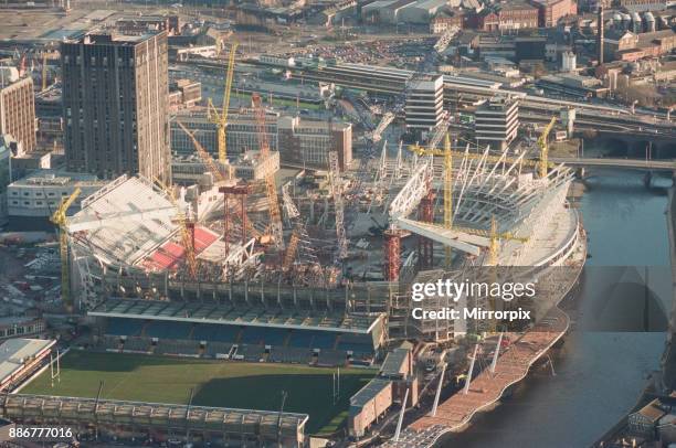 Aerial views of the Millennium Stadium under construction, 9th February 1999.