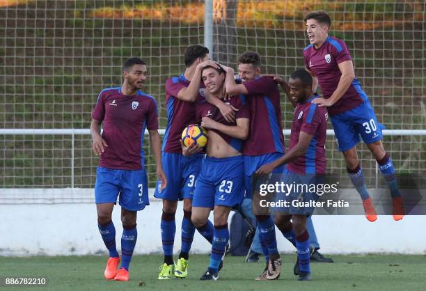 Cova da Piedade forward Cleo from Brazil celebrates with teammates after scoring a goal during the Segunda Liga match between CD Cova da Piedade and...