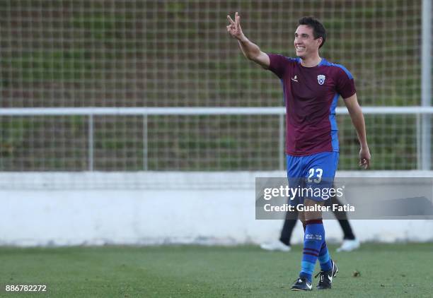 Cova da Piedade forward Cleo from Brazil celebrates after scoring a goal during the Segunda Liga match between CD Cova da Piedade and SC Covilha at...