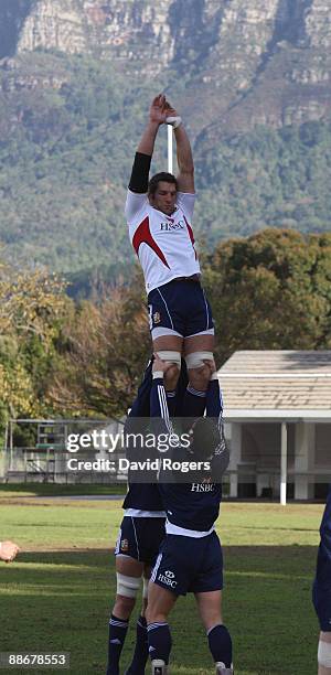 Simon Shaw, the Lions lock is lifted during the British and Irish Lions training session at Bishops School on June 25, 2009 in Cape Town, South...