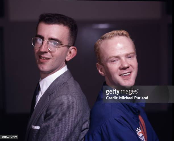 Pianist Richard Coles and singer Jimmy Somerville of British pop duo The Communards, London circa 1985.