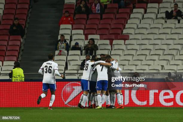 Fc Basel forward Moha Elyounoussi from Norway celebrating after scoring a goal with is team mate during the match between SL Benfica v FC Basel UEFA...