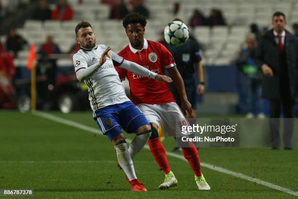 Benficas defender Eliseu from Portugal and Fc Basel forward Renato Steffen from Switzerland during the match between SL Benfica v FC Basel UEFA...