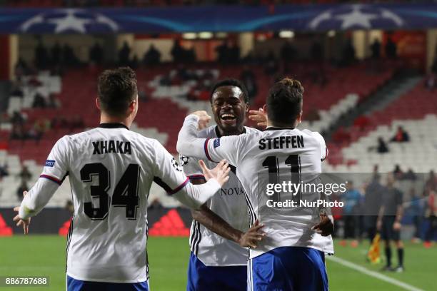 Fc Basel forward Dimitri Oberlin from Switzerland celebrating with Fc Basel midfielder Taulant Xhaka from Albania and Fc Basel forward Renato Steffen...