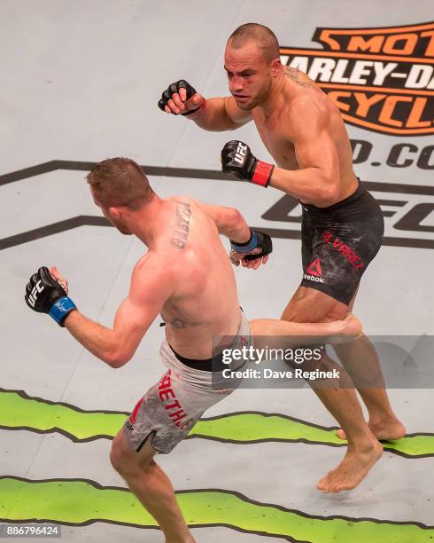 During a UFC bout at Little Caesars Arena on December 2, 2017 in Detroit, Michigan. Alvarez defeated Gaethje by TKO in Round-3.