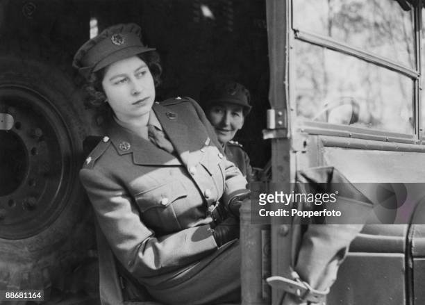 Princess Elizabeth driving an ambulance during her wartime service in the A.T.S. , 10th April 1945.